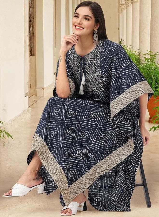 Women's Navy Cotton Embellished 3 Piece Kurta Set - Image 1