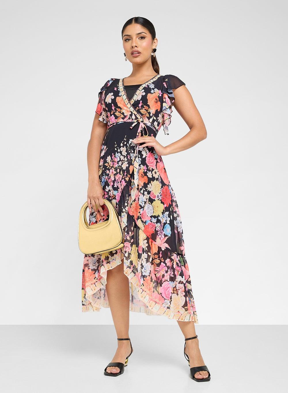 Black Floral Print Midi Dress with Flutter Sleeves - Image 1