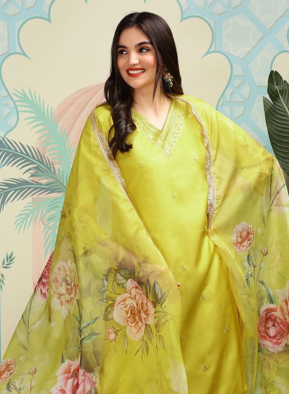 Mustard Twill Silk Self Design Full Length Palazzo Kurta Set - Image 1