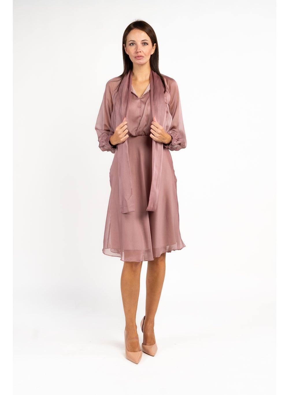 Dusty Rose Georgette Neck Tie Midi Corporate Dress - Image 1