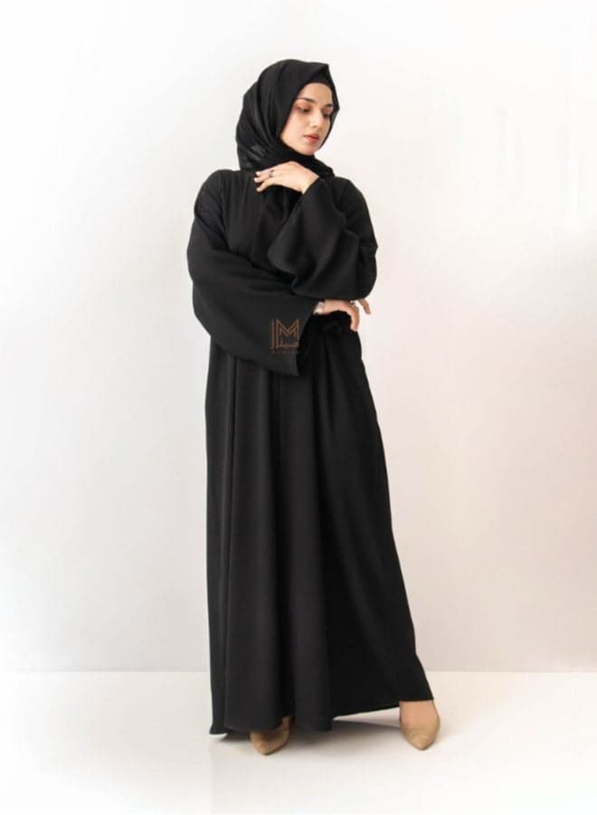 Black Front Open Button Abaya with Plain Hijab - Image 1