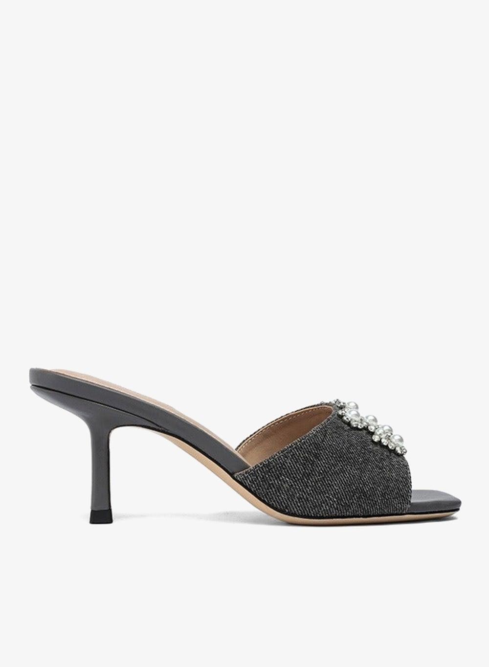 GRAZINA Denim Jewel Square-Toe Mule Heels - Image 1