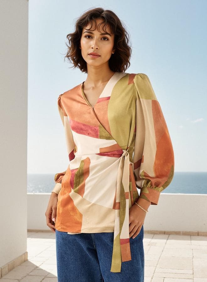 Printed V-Neck Wrap Top with Tie-Up Detail - Image 1