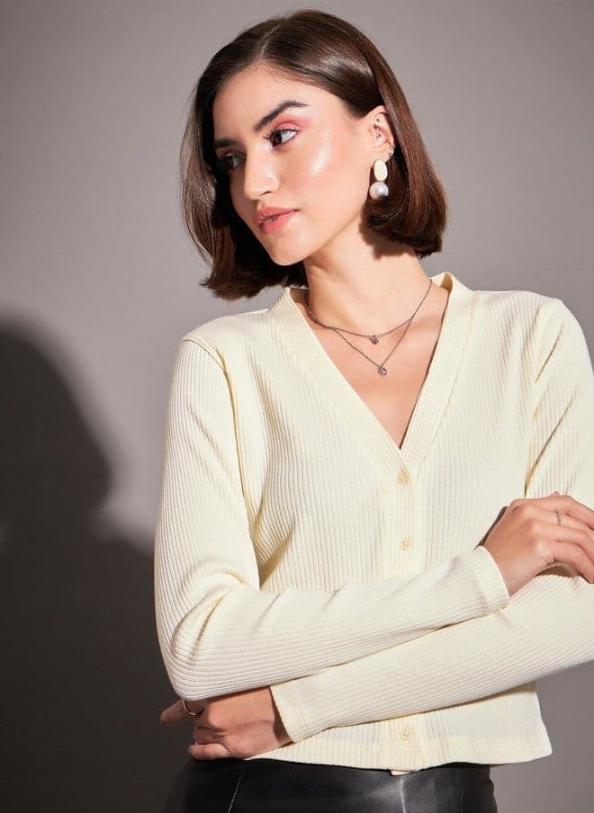 Off-White V-Neck Long Sleeve Cotton Cardigan Top - Image 1