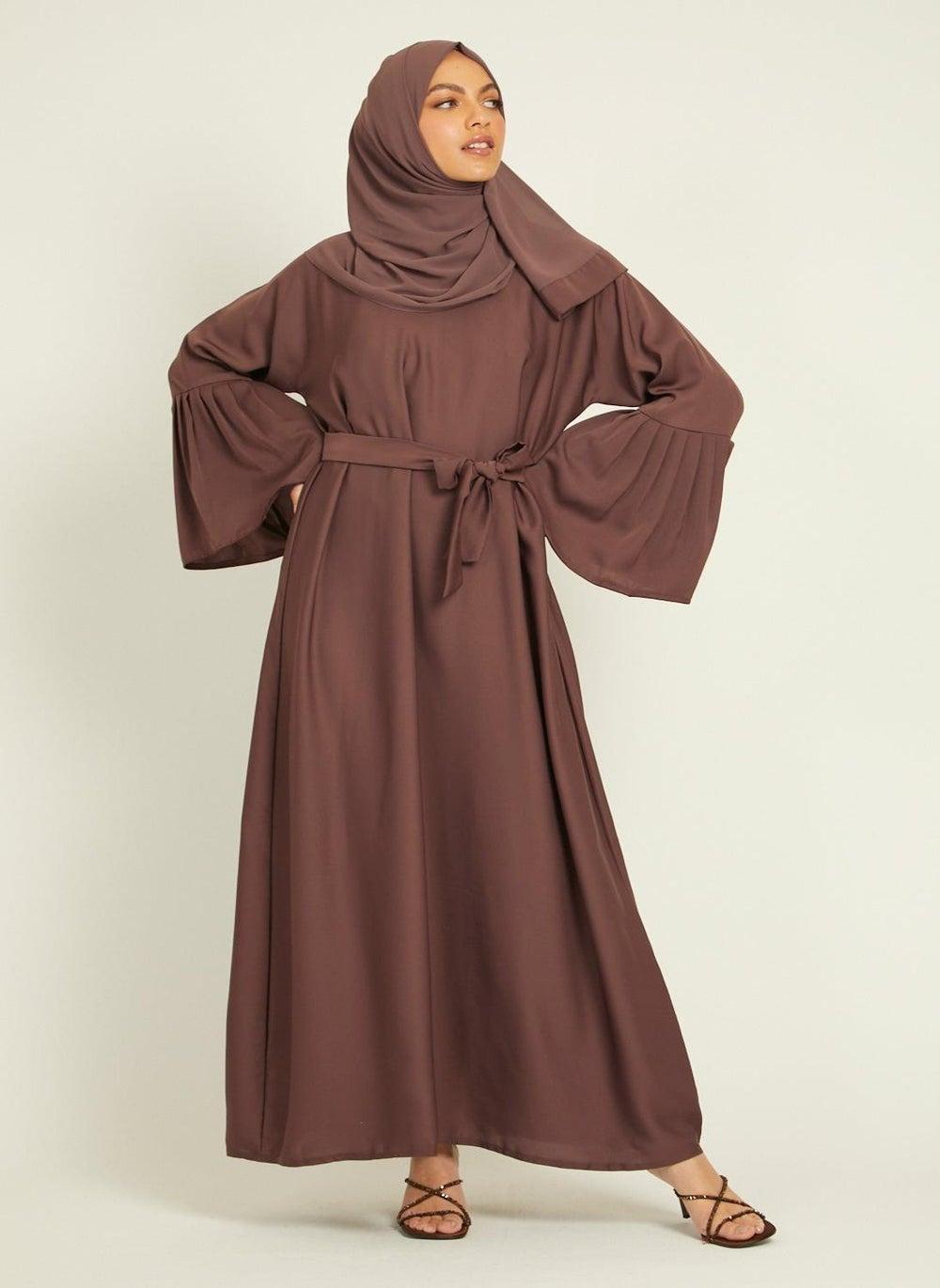 Elegant Tan Plain Abaya with Belt and Hijab AB47 - Image 1