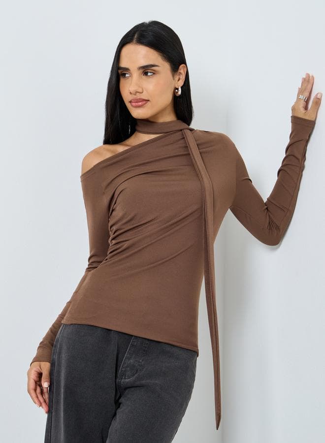 Styli Brown Knit Top with Tie Neck Detail - Image 1
