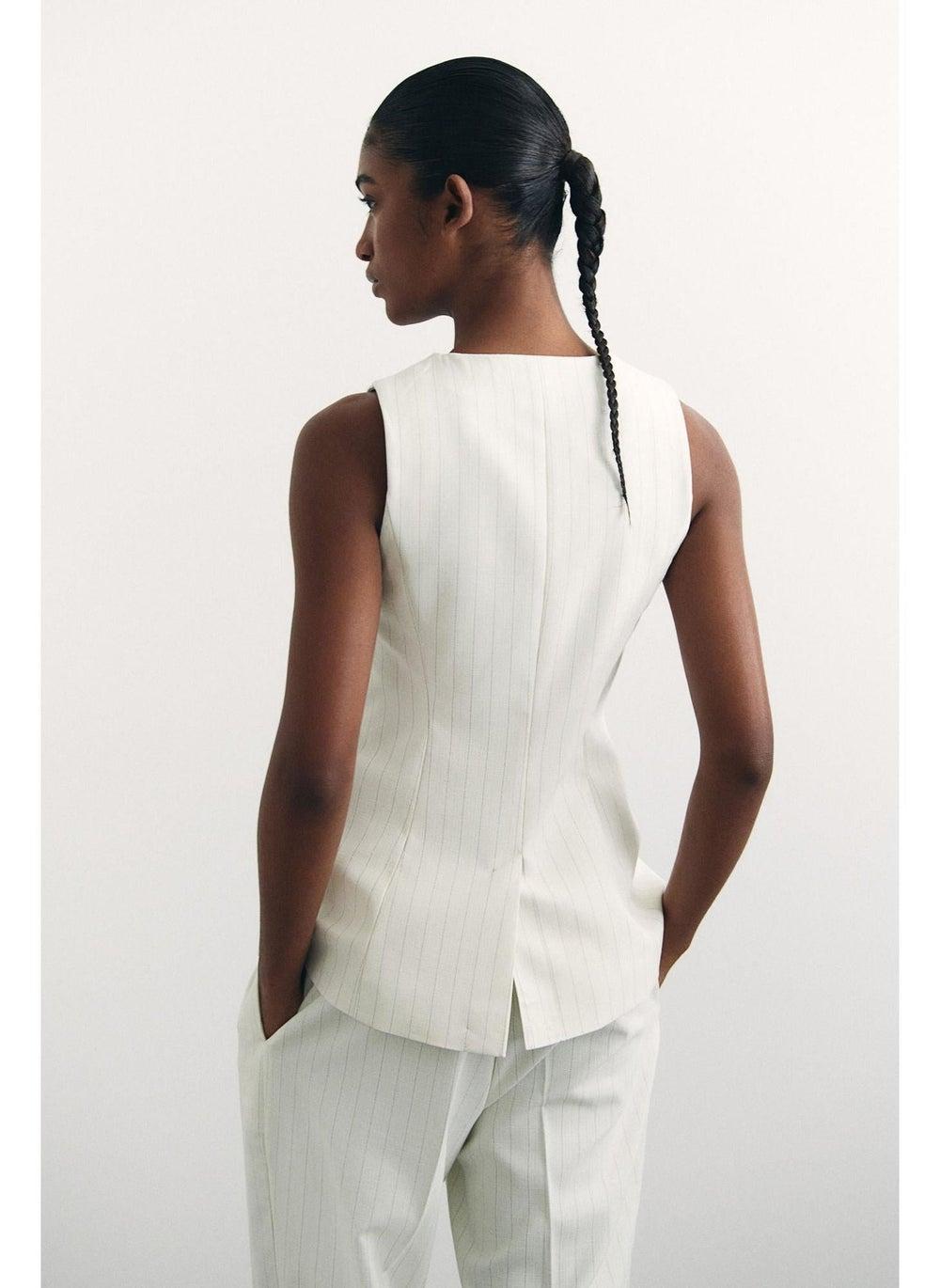 Long Fitted Suit Waistcoat with Round Neckline - Image 1