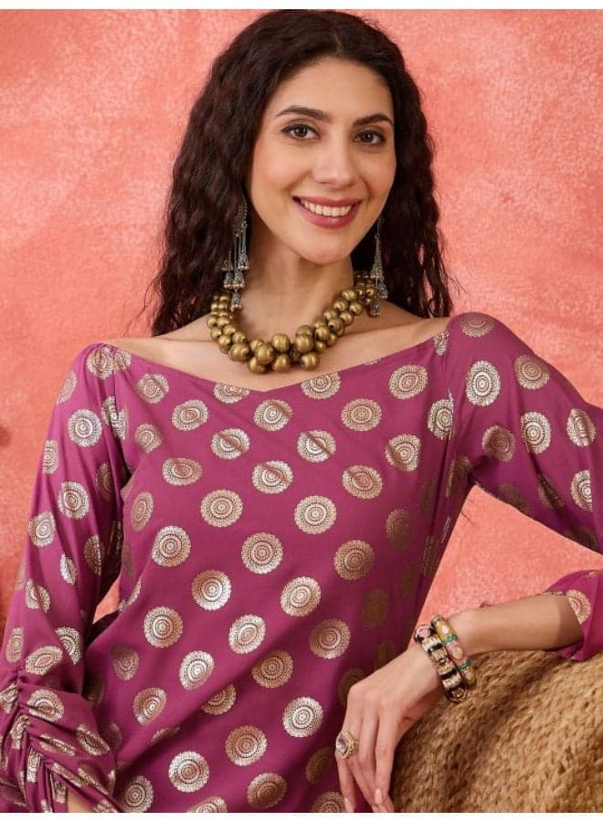 Purple Gold Printed Georgette Kurta - Image 1