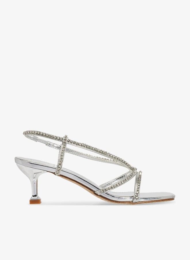 Silver Rhinestone Detail Mid Heel Sandals - Image 1