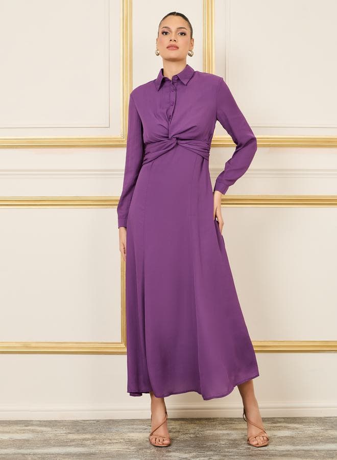Styli Front Twist Collared A-Line Maxi Dress - Image 1