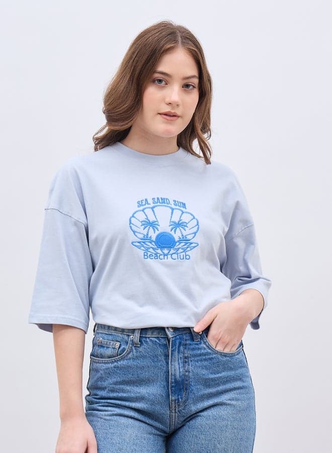 Embroidered Oversized Dropped Shoulder T-Shirt - Image 1