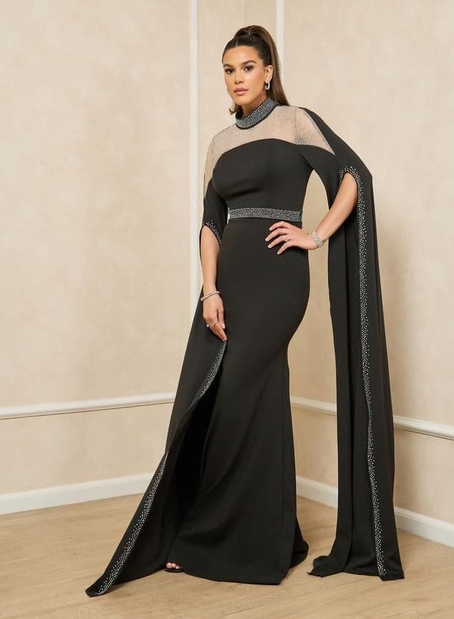 Cape Sleeve Black Gown with Beaded Sheer Neckline - Image 1