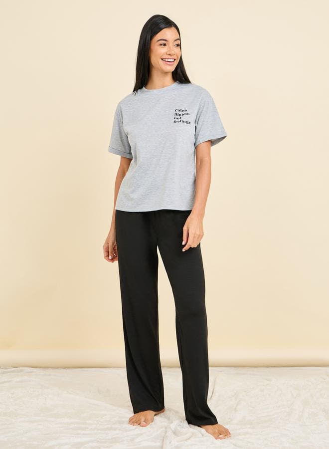Melange Slogan Print T-Shirt & Pyjama Set - Image 1