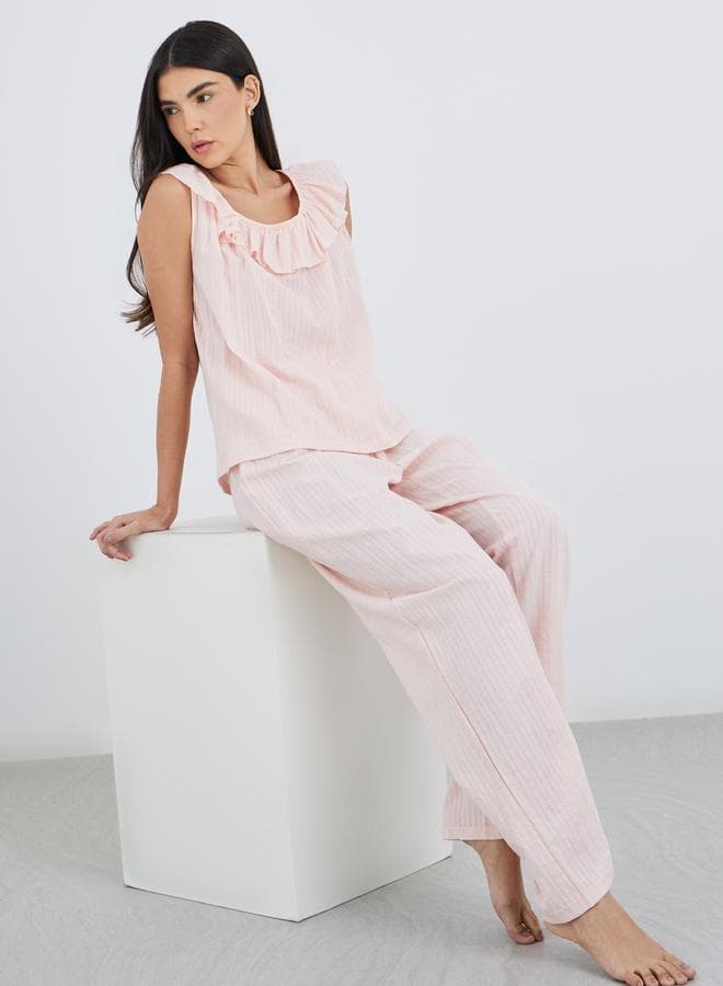 Textured Cotton Ruffle Neck Pyjama Set - Image 1