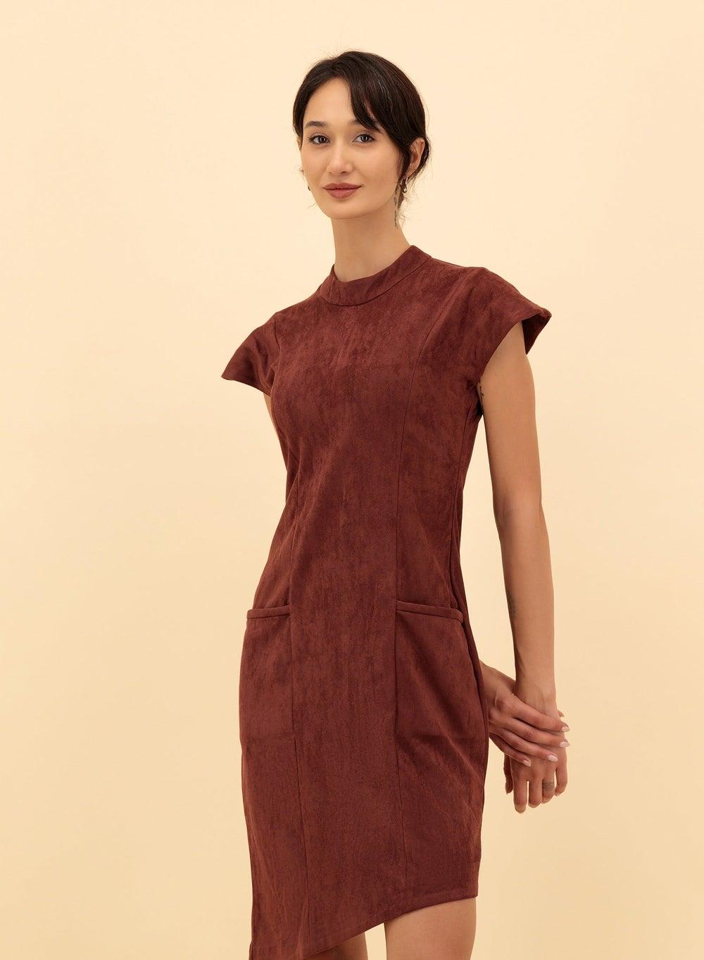 Asymmetric Suede Midi Dress - Image 1