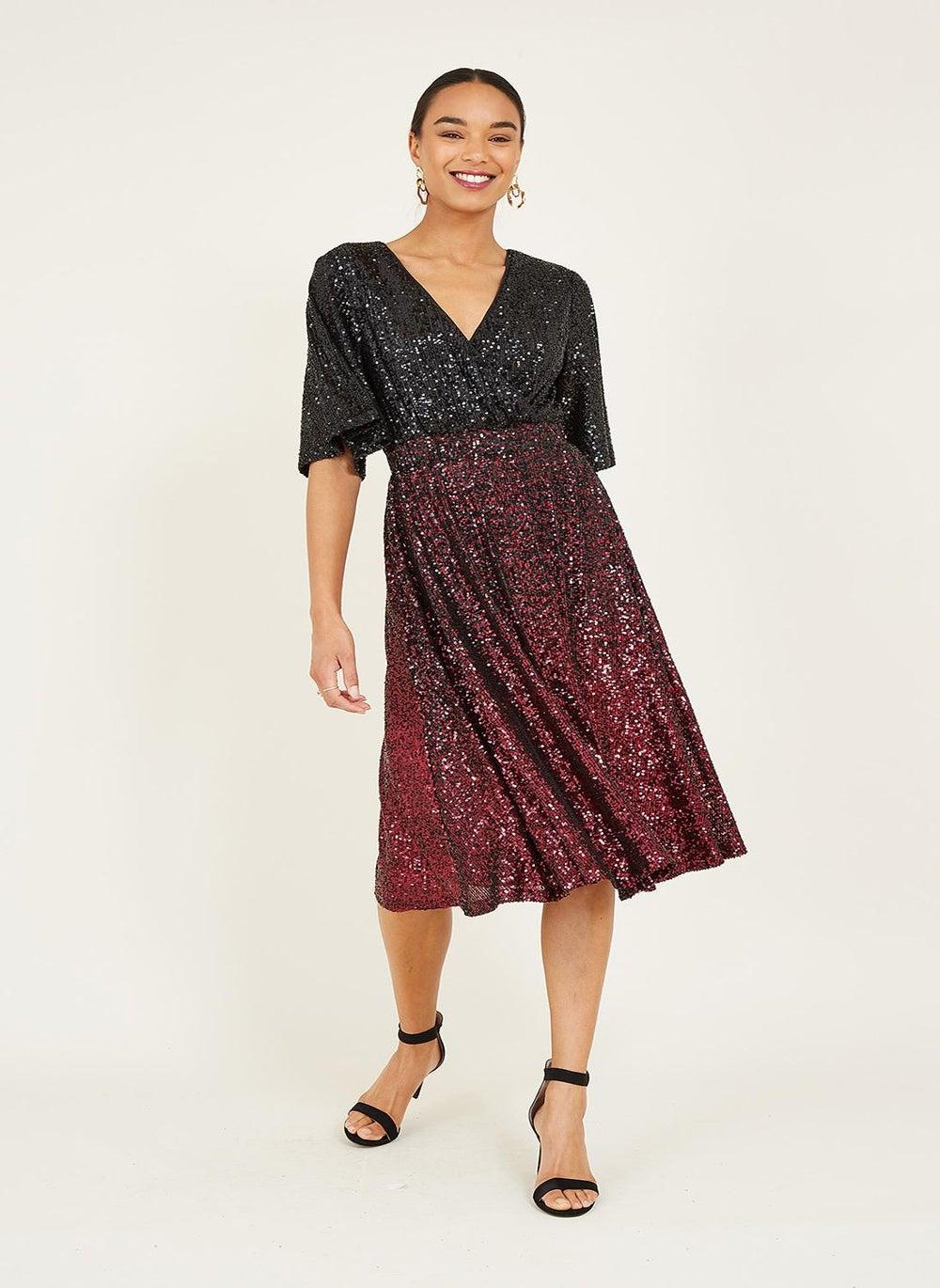 Black Sequin Midi Dress with Burgundy Skirt - Image 1