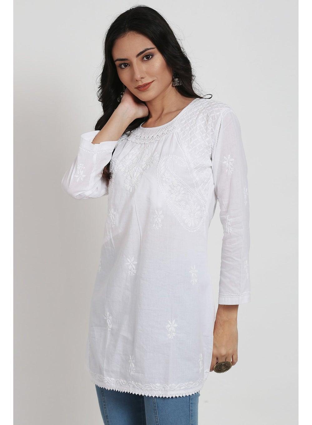 Hand Embroidered Chikankari Cotton A-Line Tunic AL920 - Image 1