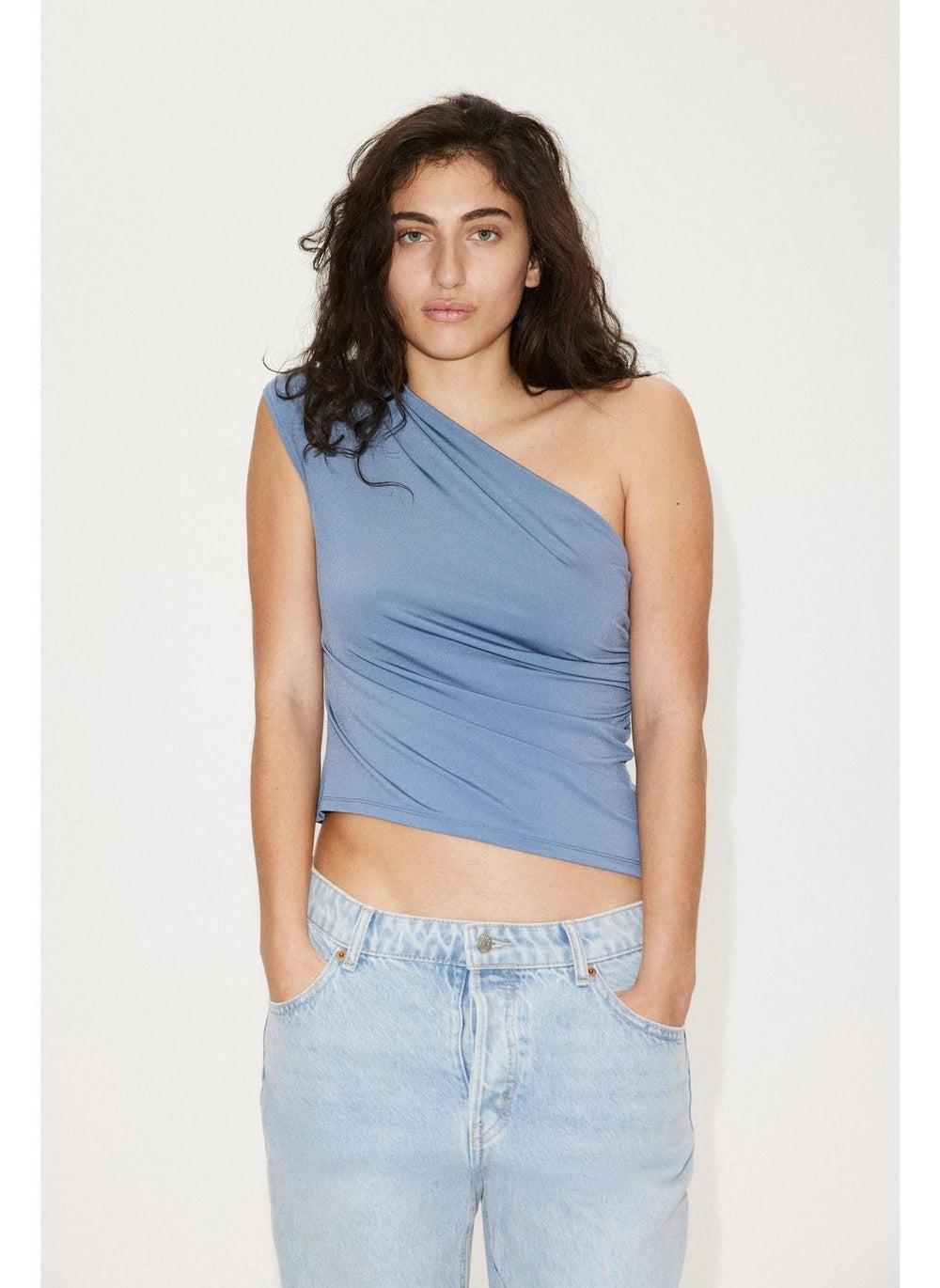 One-Shoulder Fitted Jersey Top with Asymmetric Neckline - Image 1