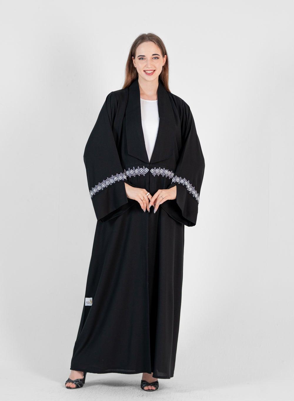 Black Abaya with Blue and White Hand Embroidery - Image 1