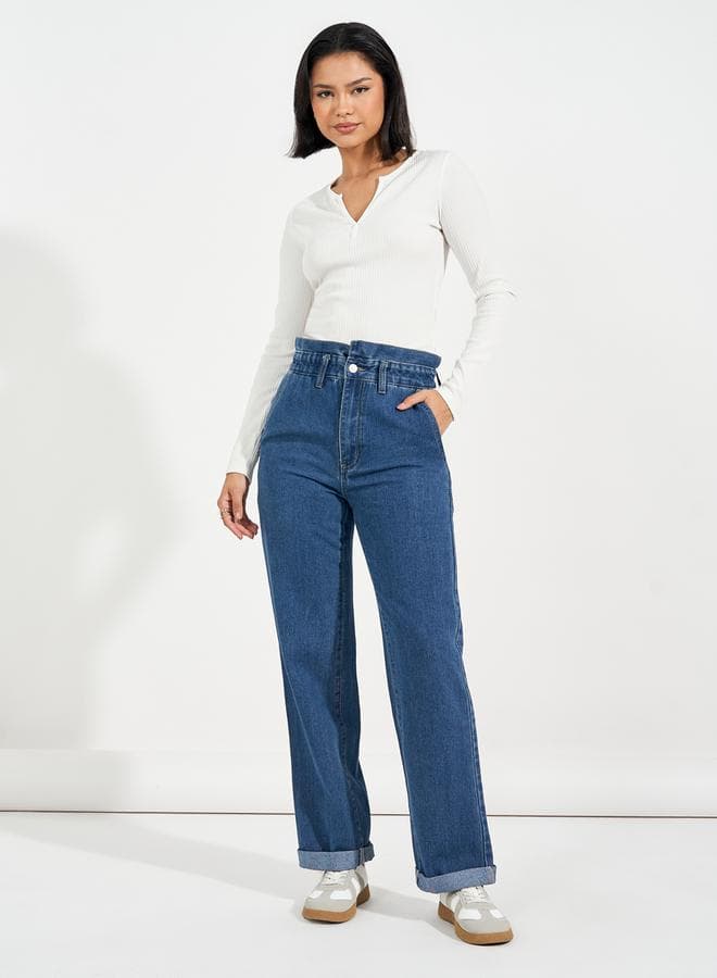 High Rise Straight Fit Paper Bag Waist Jeans - Image 1