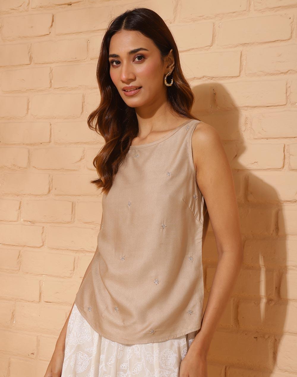 Beige Viscose Silk Embroidered Kurta Top - Image 1