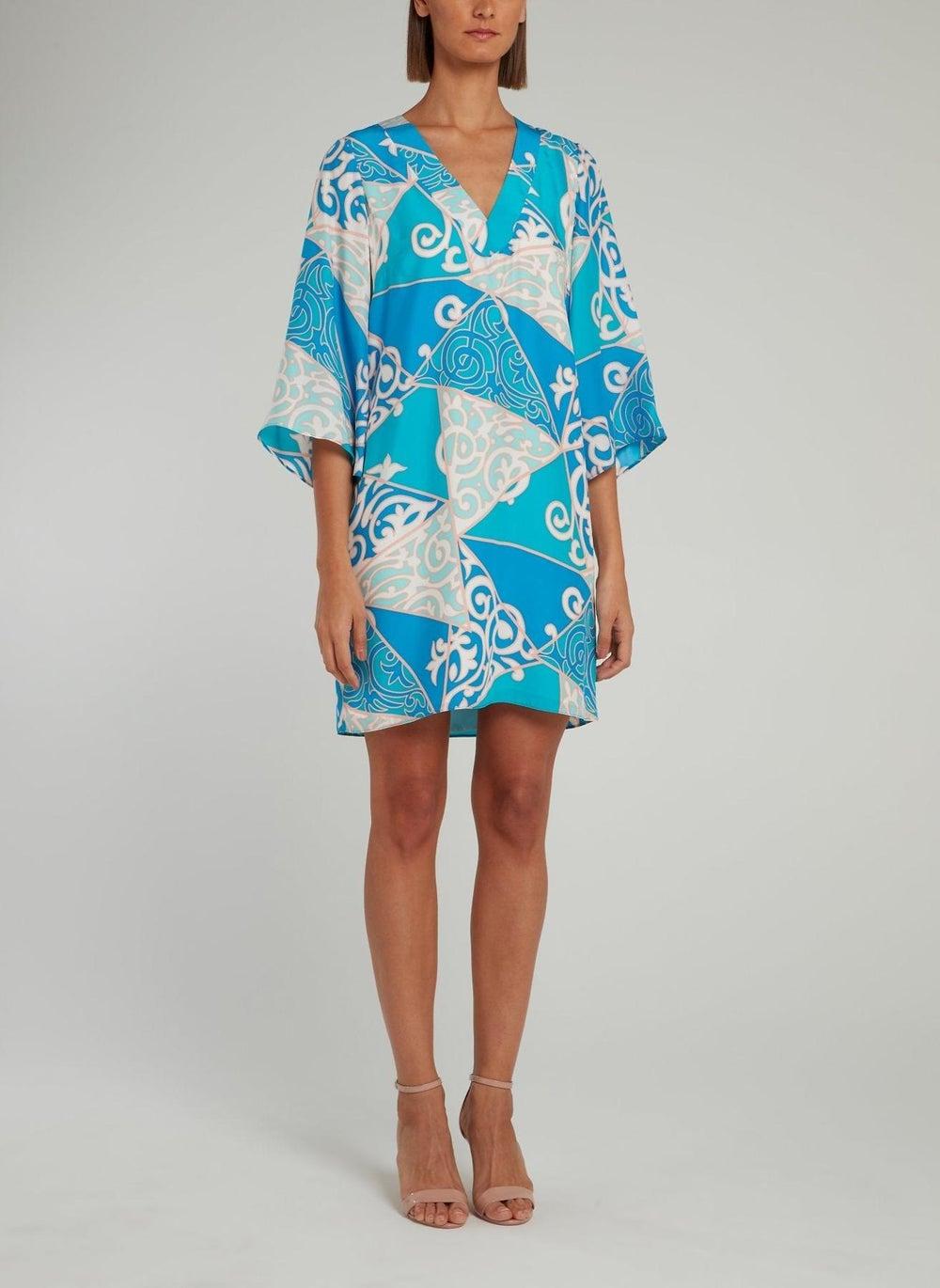 Blue Jacquard Print V-Neck Mini Shift Dress - Image 1