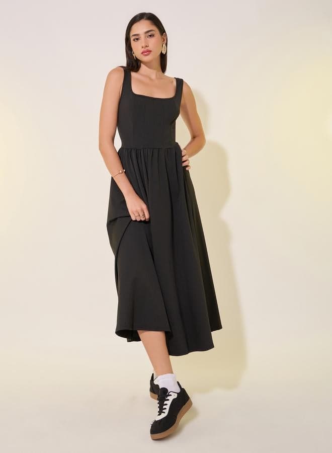 Square Neck Midi Dress in Black - Image 1