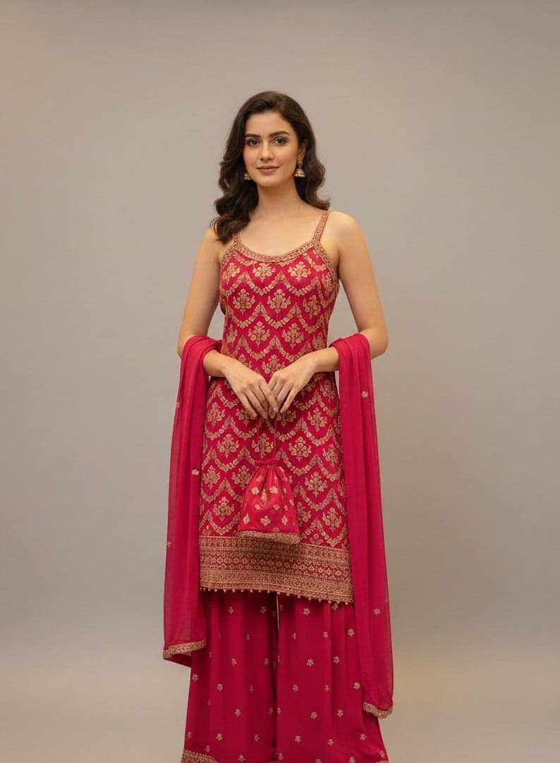 Deep Pink Embroidered Kurta Set with Sharara and Potli - Image 1