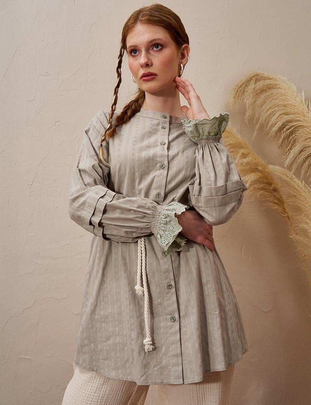 Moss Green Cotton Tunic with Lace Cuffs - Image 1