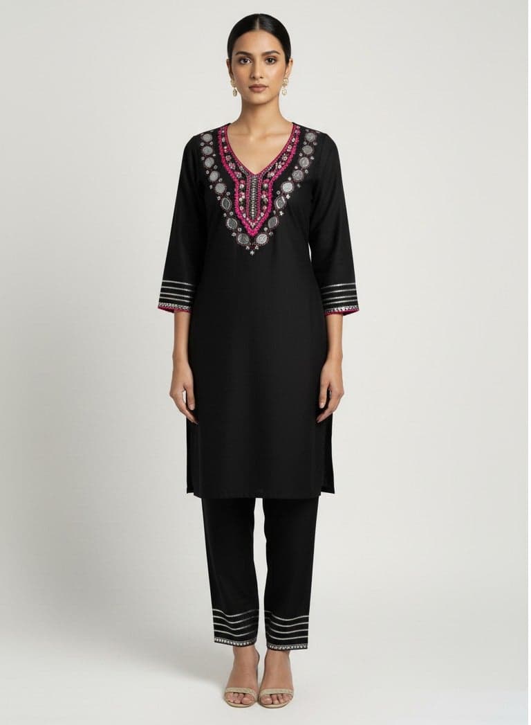 Black Silk Kurta Set with Hot Pink Mirror Embroidery - Image 1