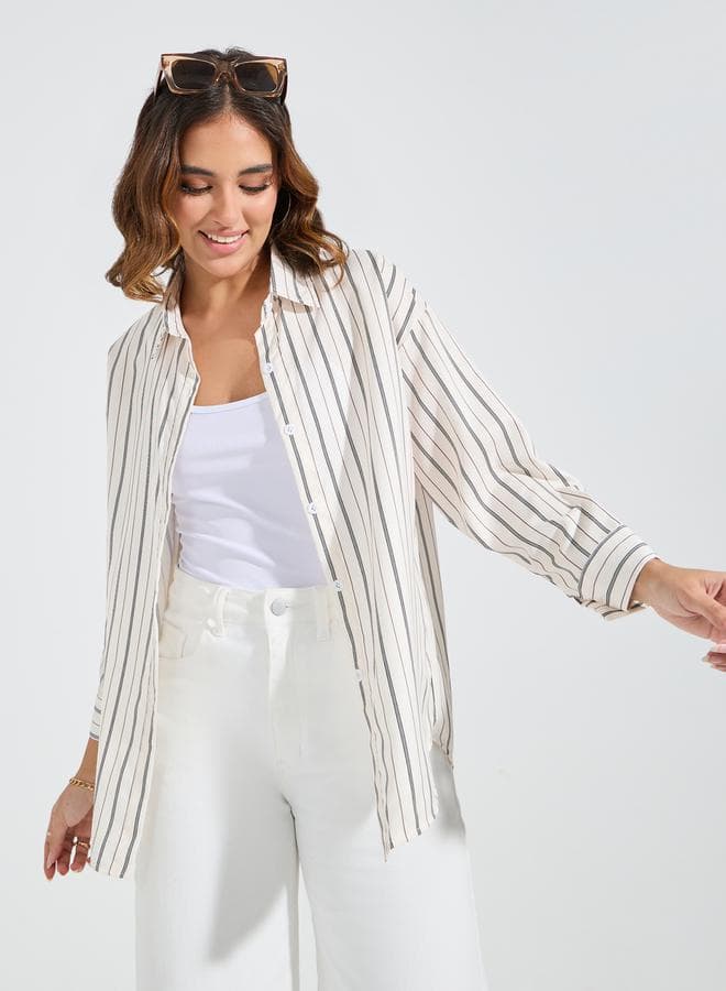 Striped Oversized Button Placket Shirt - Image 1