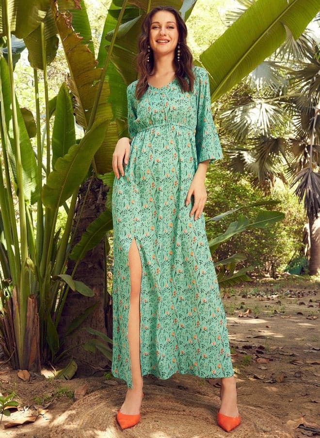 Floral A-Line Maxi Dress with Bell Sleeves - Image 1