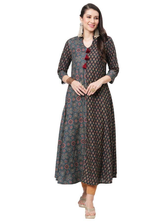 Green Multi Print Flared Cotton Kurti with Tassel Detail - Image 1