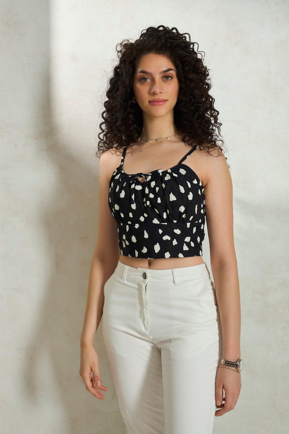 Linen Printed Front Tie Crop Top for Women - Image 1