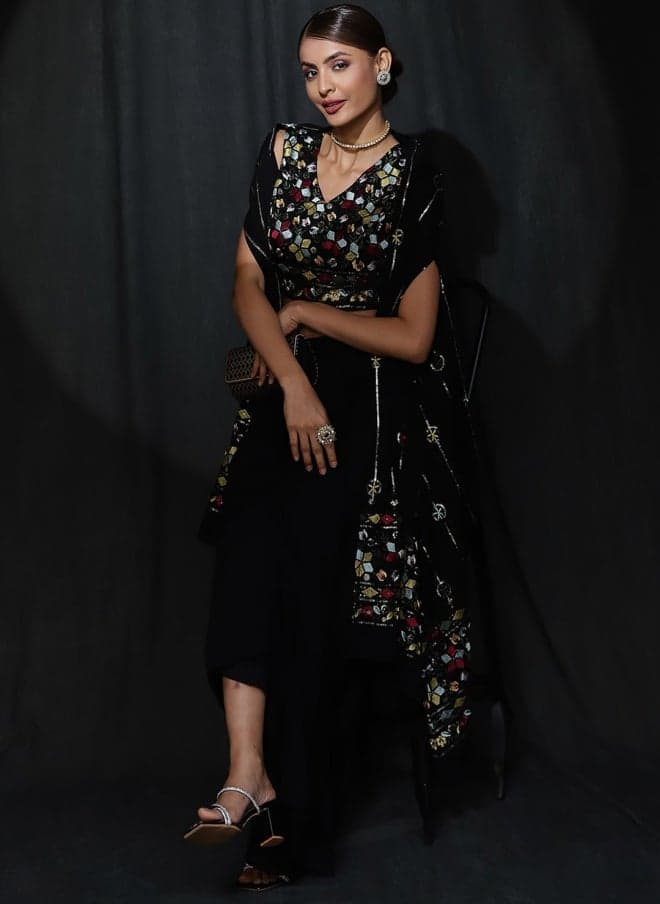 Black Embroidered Shrug Set with Silk Blend Skirt - Image 1