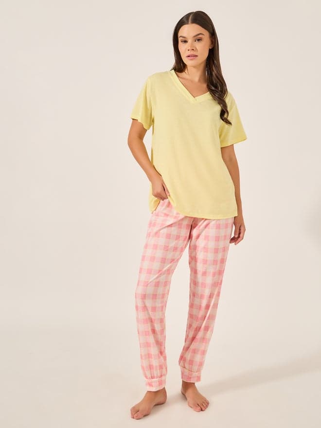 V-Neck Checked Cuffed Pajama Set - Image 1