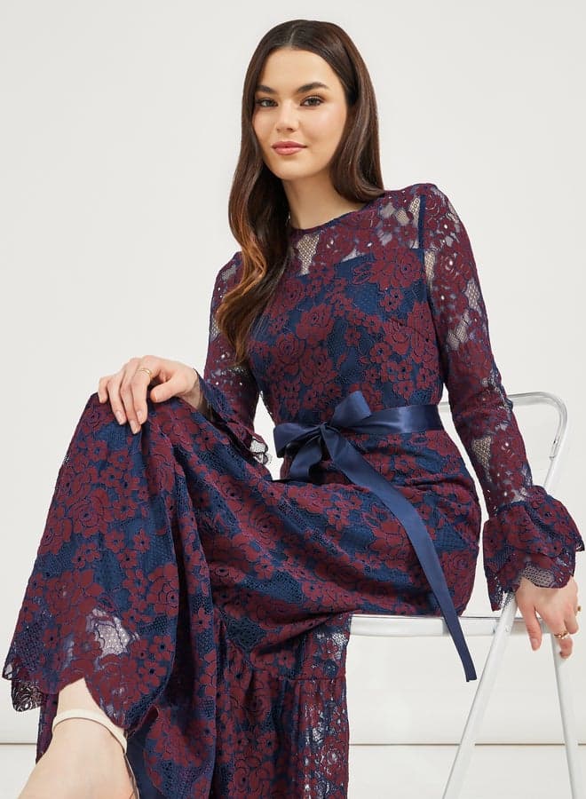 Floral Lace Maxi Dress with Satin Belt - Image 1