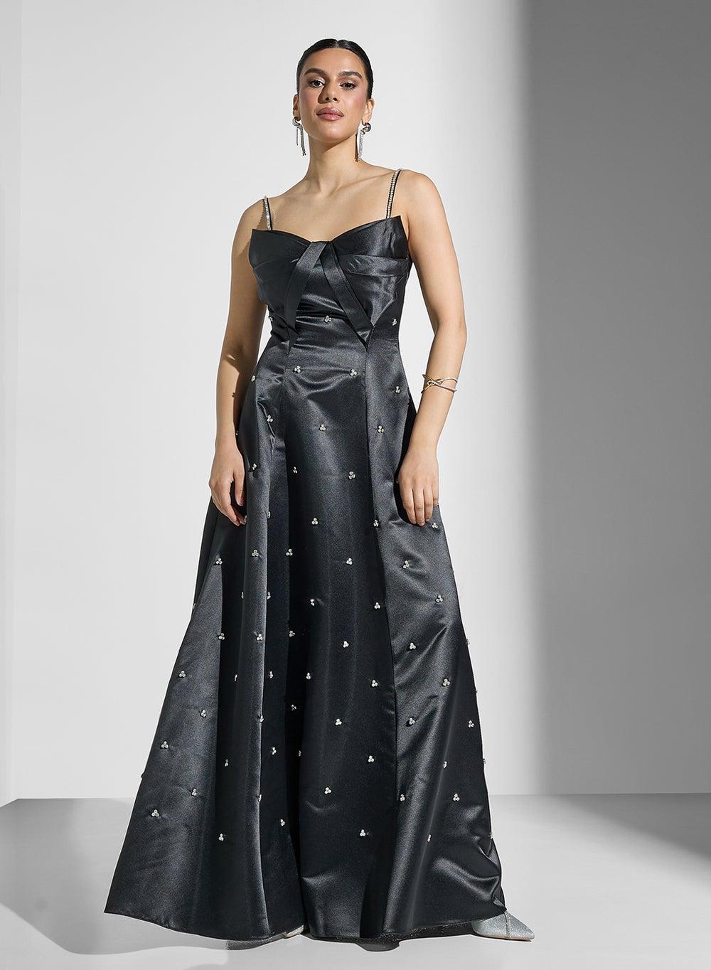 Satin Embellished Black Formal Dress - Image 1