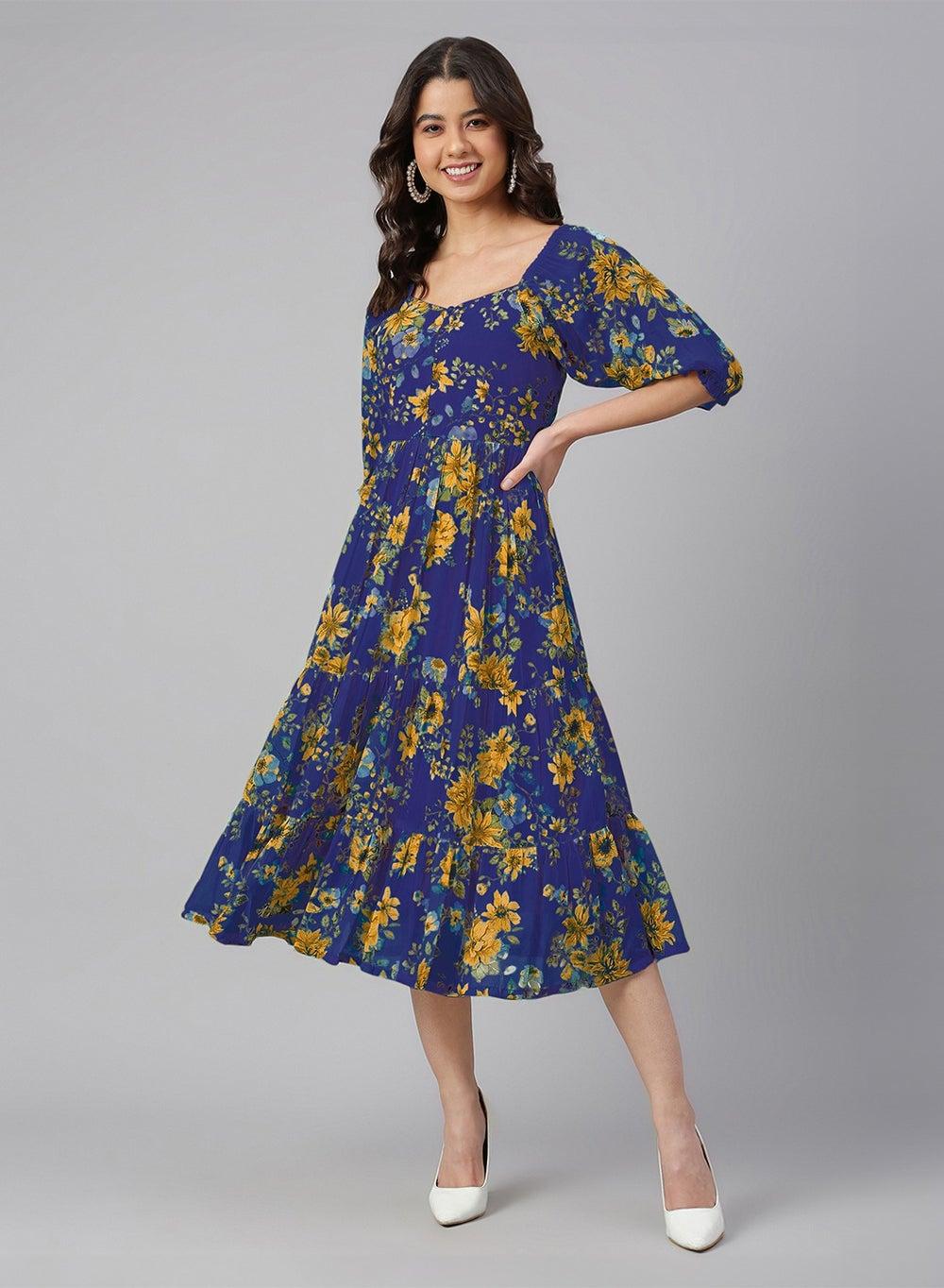 Floral Print Puff Sleeve Tiered Dress - Image 1