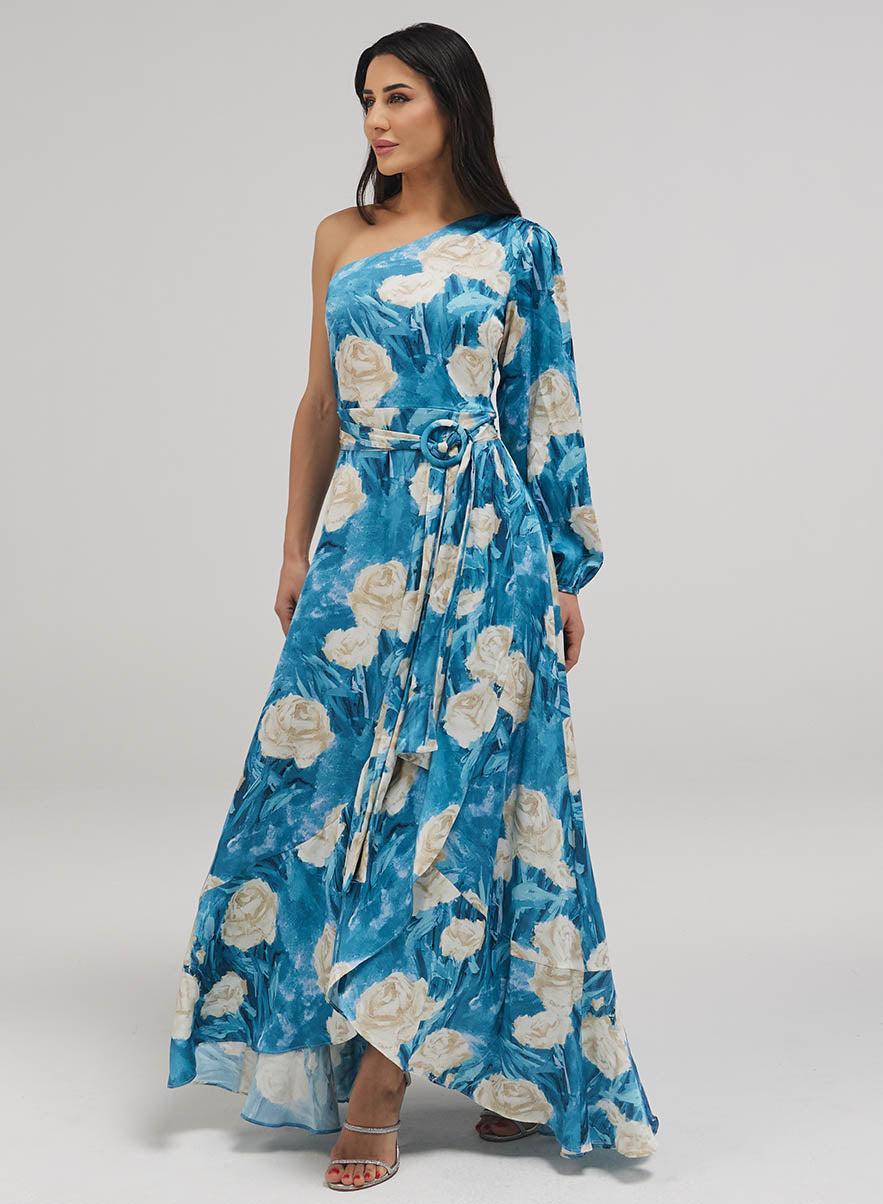 One Shoulder Printed Frill Maxi Dress - Image 1