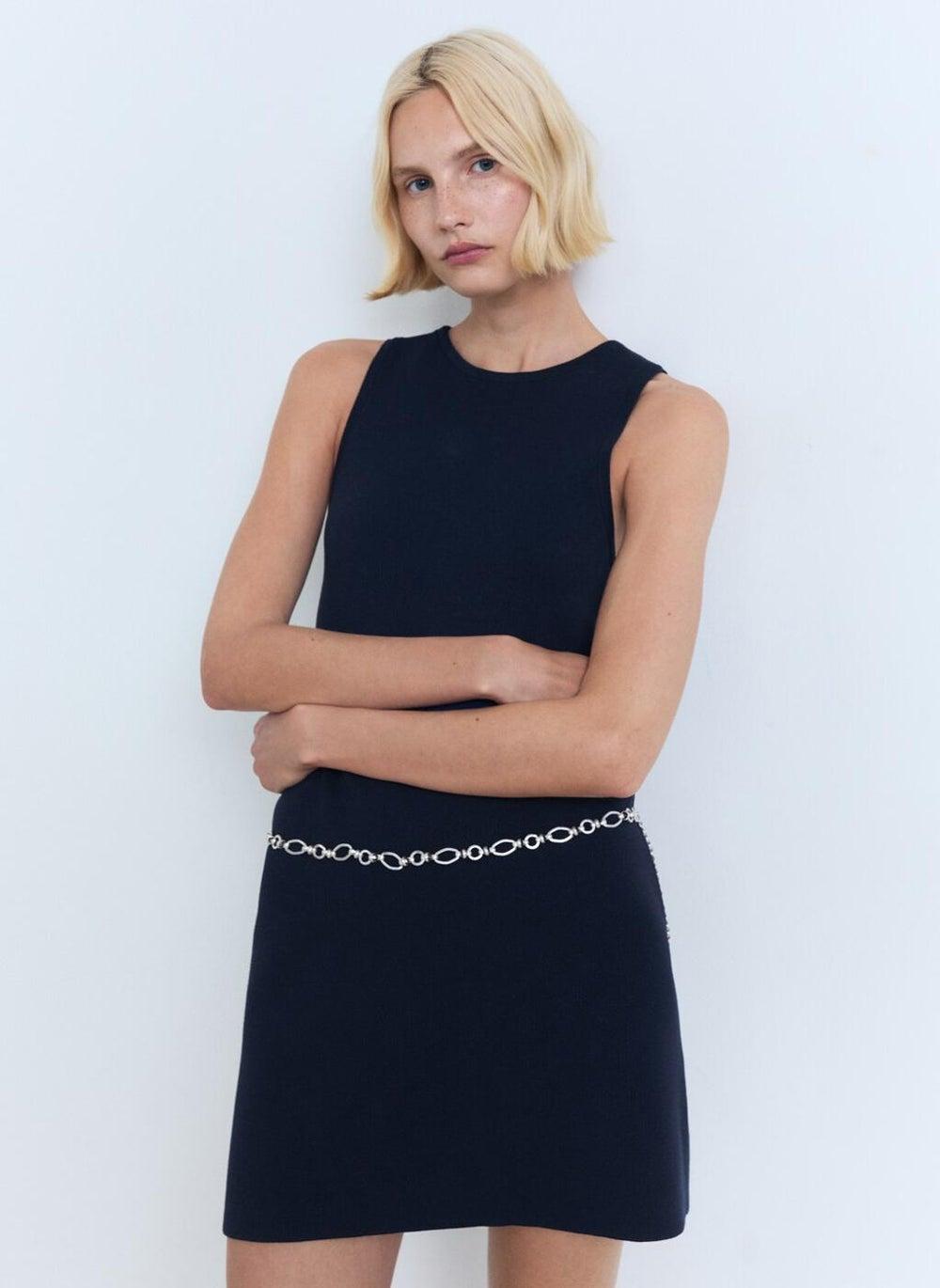 Sleeveless Navy Mini Dress with Silver Chain Belt - Image 1