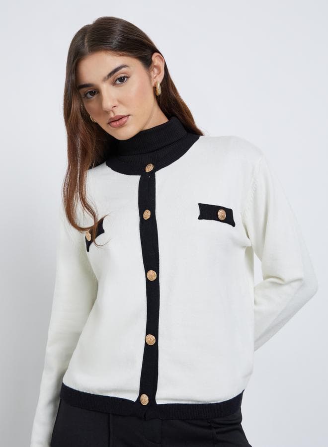 Styli Off White Regular Fit Cardigan with Contrast Trim - Image 1