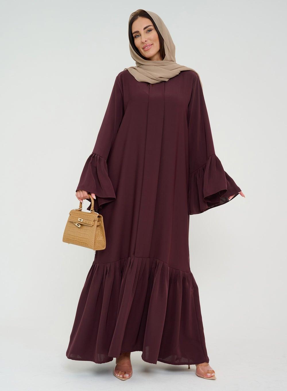 Brown Nada Abaya with Pleated Design - Image 1