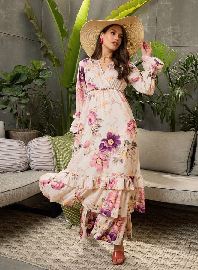 SASSAFRAS Floral V-Neck Flared Maxi Dress - Image 1