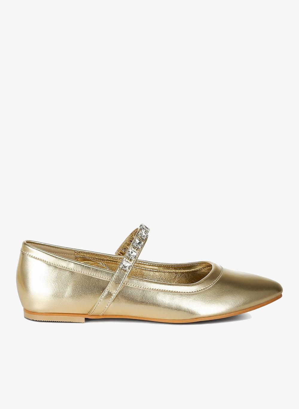 Gold Metallic Mary Jane Ballerinas with Diamante Strap - Image 1