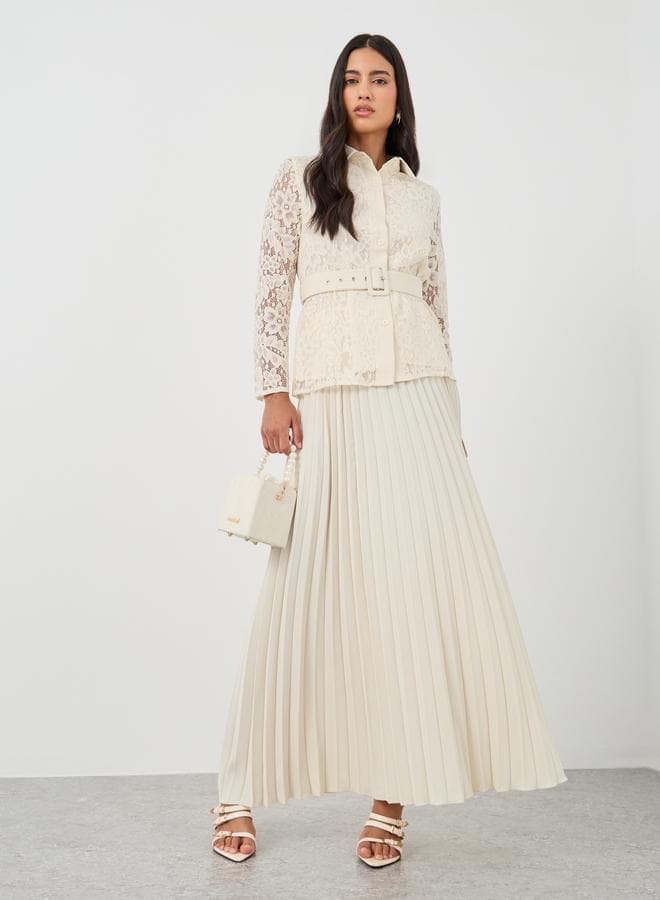 Lace Belted Shirt & Pleated Skirt Co-Ord Set - Image 1