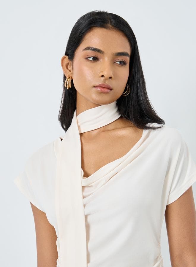 Take Two Beige Cowl Neck Blouse with Scarf Detail - Image 1