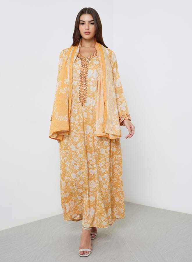 Yellow Floral Print Jalabiya with Scarf by Styli - Image 1