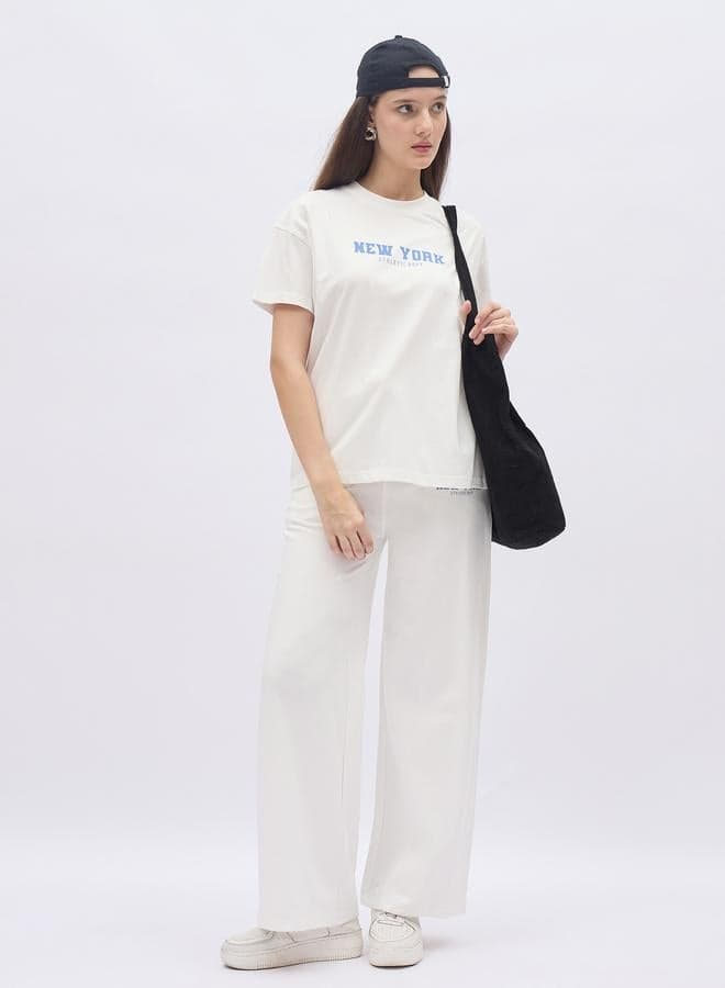 Off White Slogan Print Boxy T-Shirt & Wide Leg Joggers Set - Image 1