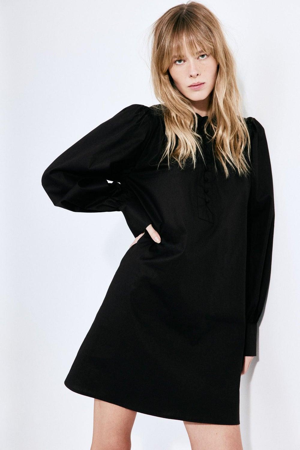 A-line Cotton Dress with Frilled Collar - Image 1
